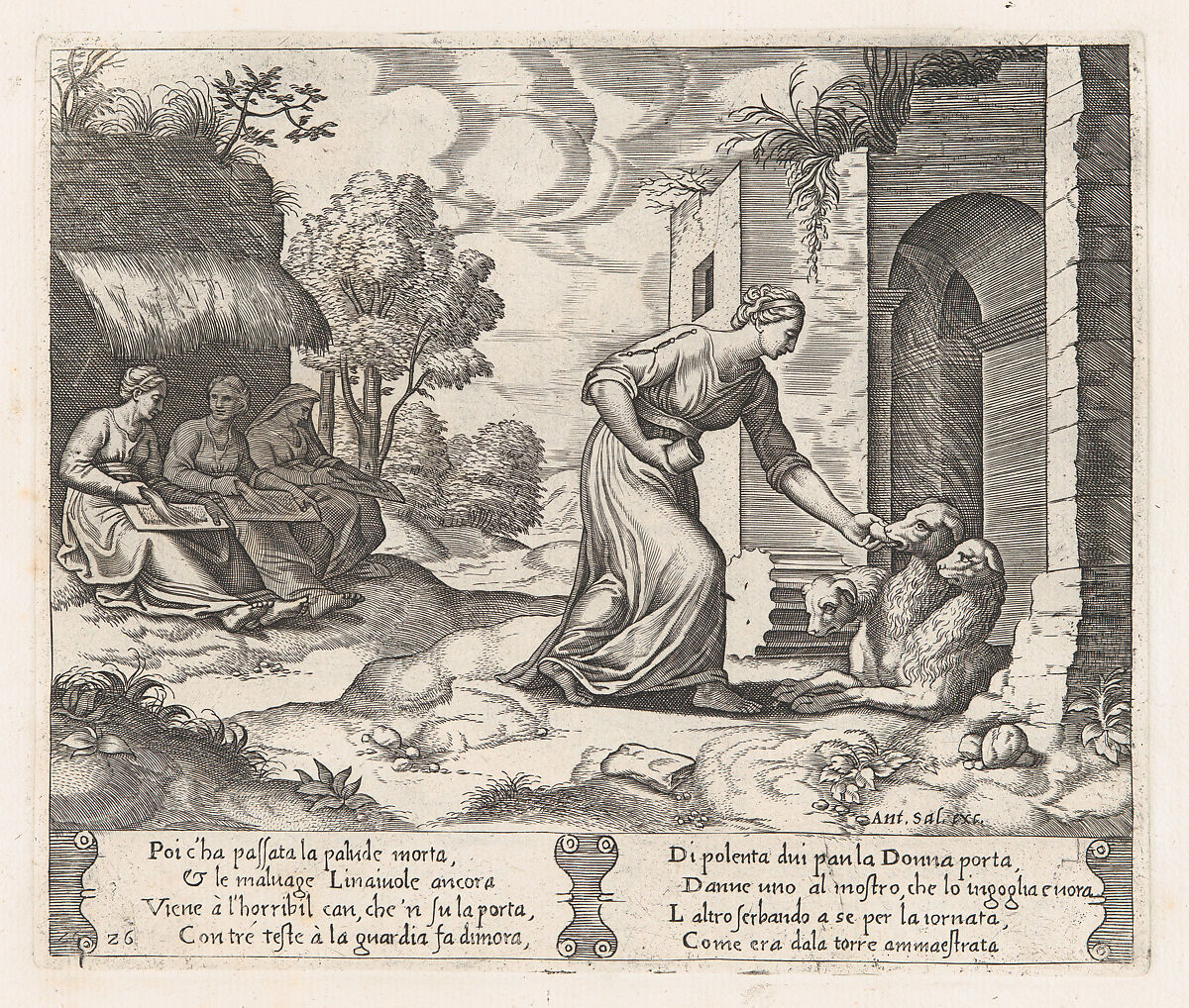 Plate 26: Psyche enters the underworld giving an offering to Cerberus, with two elderly women at left, from "The Story of Cupid and Psyche as told by Apuleius", Master of the Die (Italian, active Rome, ca. 1530–60), Engraving 