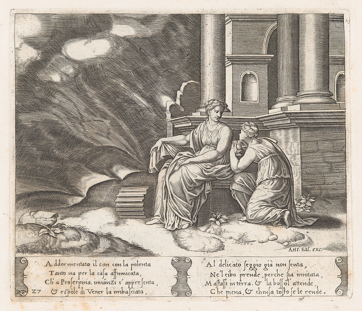 Plate 27: Proserpine gives Psyche the box of beauty, from "The Story of Cupid and Psyche as told by Apuleius", Master of the Die (Italian, active Rome, ca. 1530–60), Engraving 