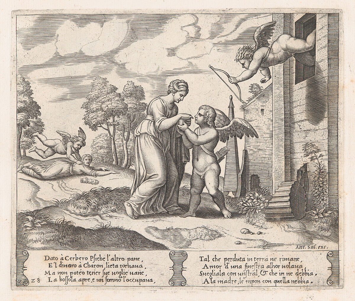 Plate 28: Psyche, wanting to appear more beautiful opens the box, as Cupid arrives in the upper right, and at left his arrow pierces Psyche, who has fallen to the ground, from "The Story of Cupid and Psyche as told by Apuleius", Master of the Die (Italian, active Rome, ca. 1530–60), Engraving 