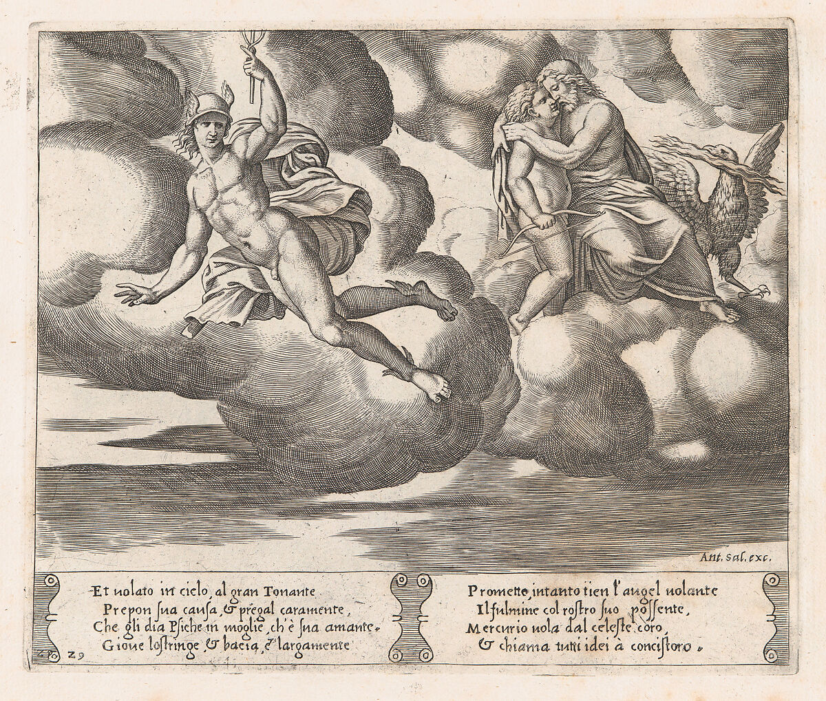 Plate 29: Cupid begging Jupiter to have mercy on Psyche with Mercury at left, from "The Story of Cupid and Psyche as told by Apuleius", Master of the Die (Italian, active Rome, ca. 1530–60), Engraving 