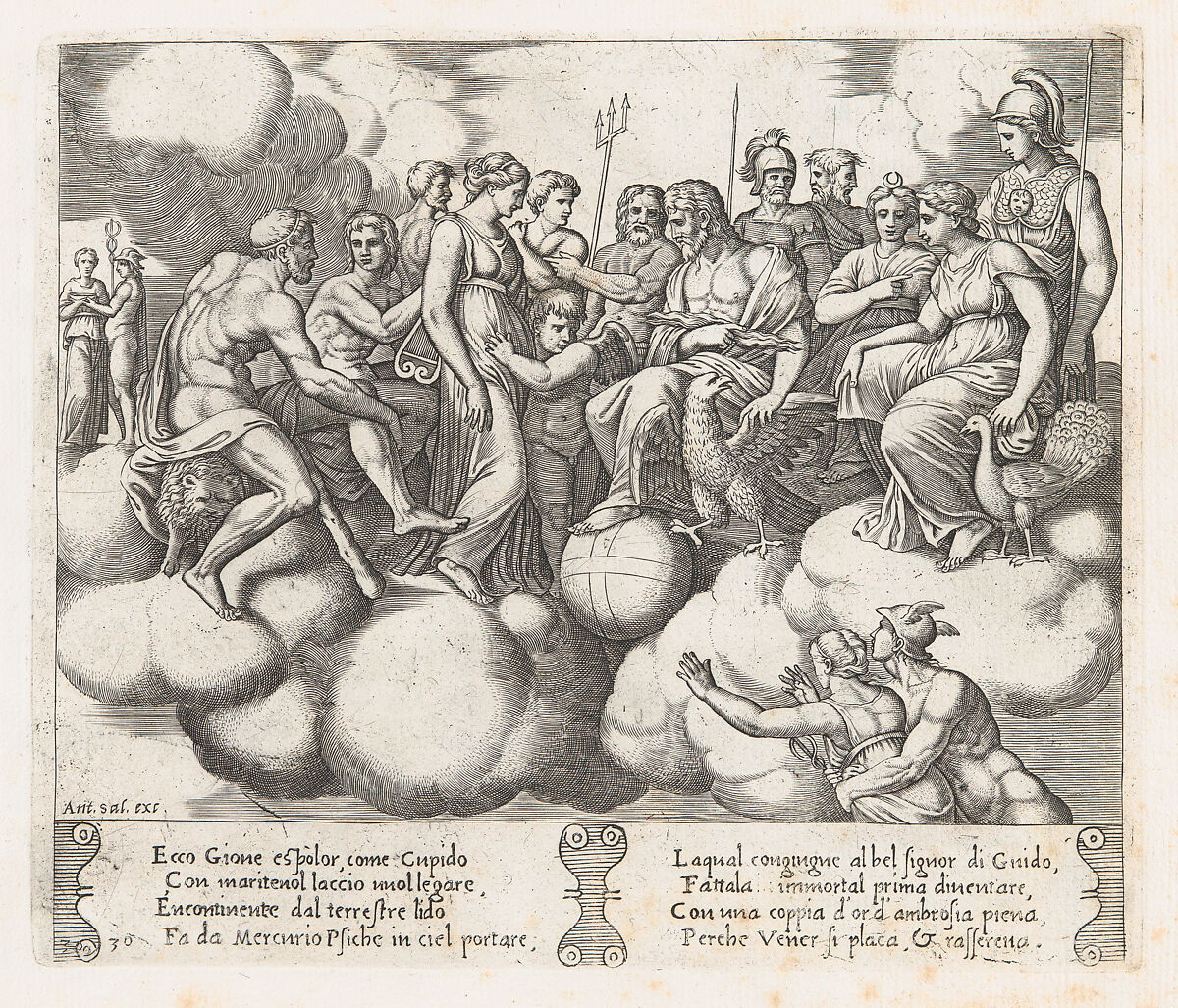 Plate 30: Venus and Cupid pleading their case before Jupiter and other Gods with Mercury transporting Psyche to the heavens at lower right, from "The Story of Cupid and Psyche as told by Apuleius", Master of the Die (Italian, active Rome, ca. 1530–60), Engraving 
