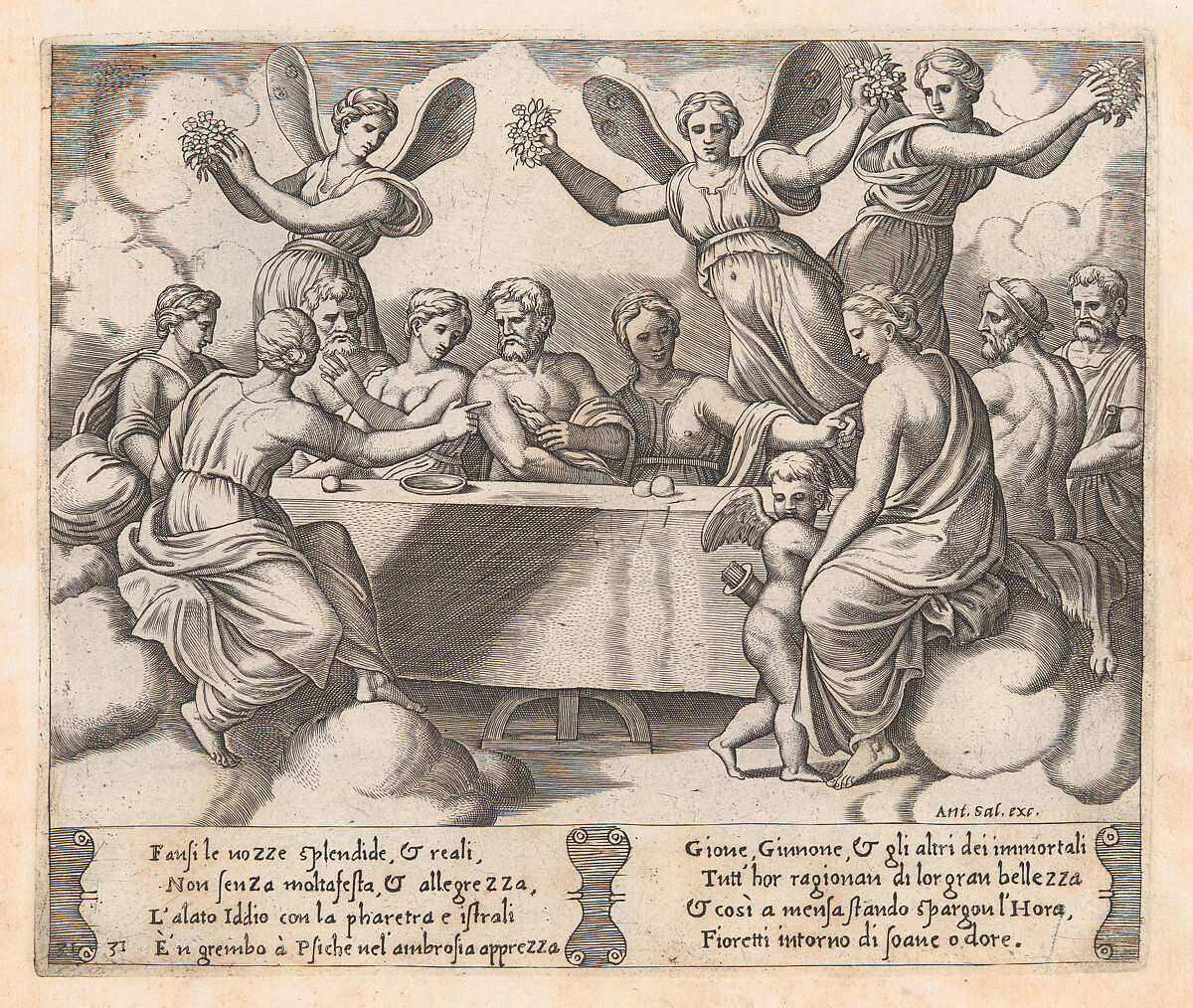Plate 31: Gods celebrating the wedding of Cupid and Psyche, from "The Story of Cupid and Psyche as told by Apuleius", Master of the Die (Italian, active Rome, ca. 1530–60), Engraving 