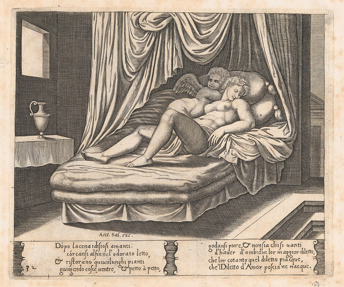 Plate 32: Cupid and Psyche in the nuptial bed, from "The Story of Cupid and Psyche as told by Apuleius", Master of the Die (Italian, active Rome, ca. 1530–60), Engraving 