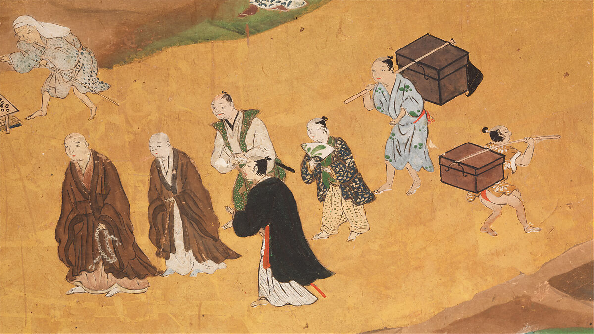 Amusements at Higashiyama in Kyoto, Studio of Kano Sadanobu (Japanese, 1597–1623), Pair of six-panel folding screens; ink, color, gold, mica, and gold leaf on paper, Japan