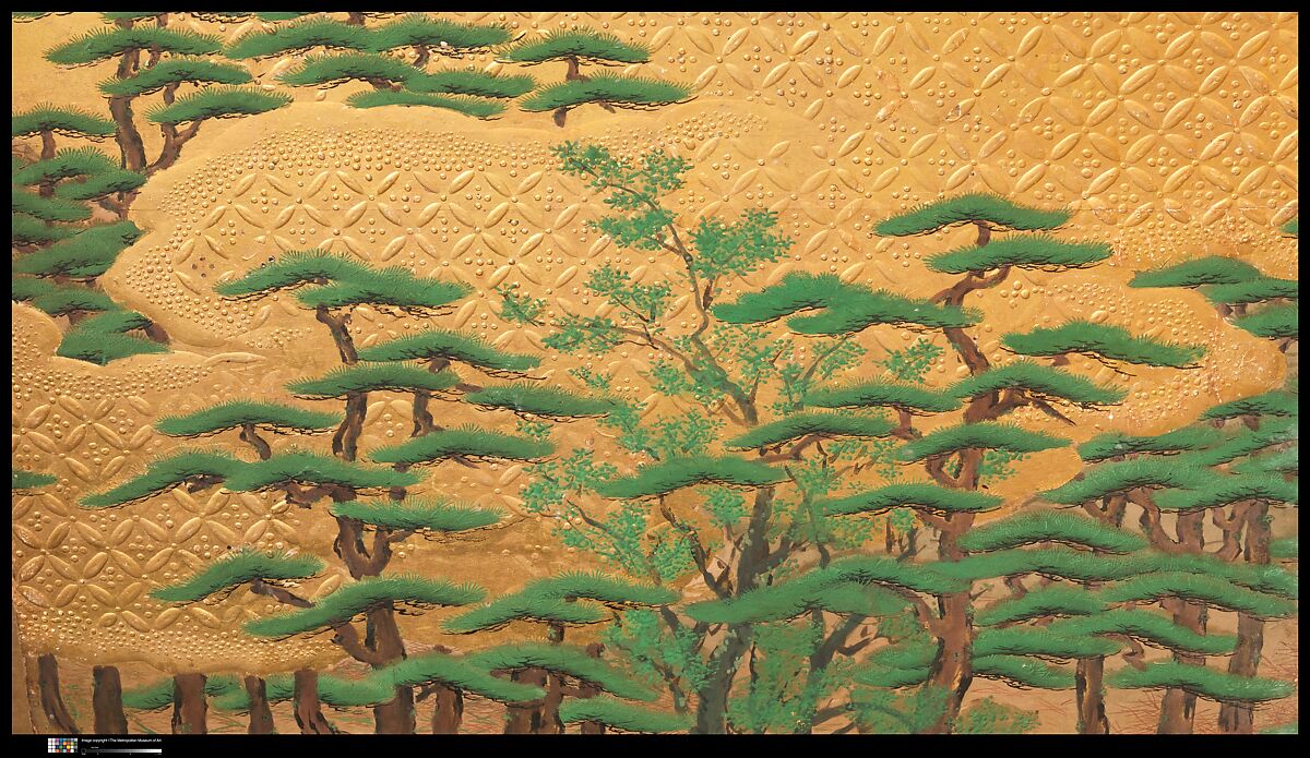 Amusements at Higashiyama in Kyoto, Studio of Kano Sadanobu (Japanese, 1597–1623), Pair of six-panel folding screens; ink, color, gold, mica, and gold leaf on paper, Japan