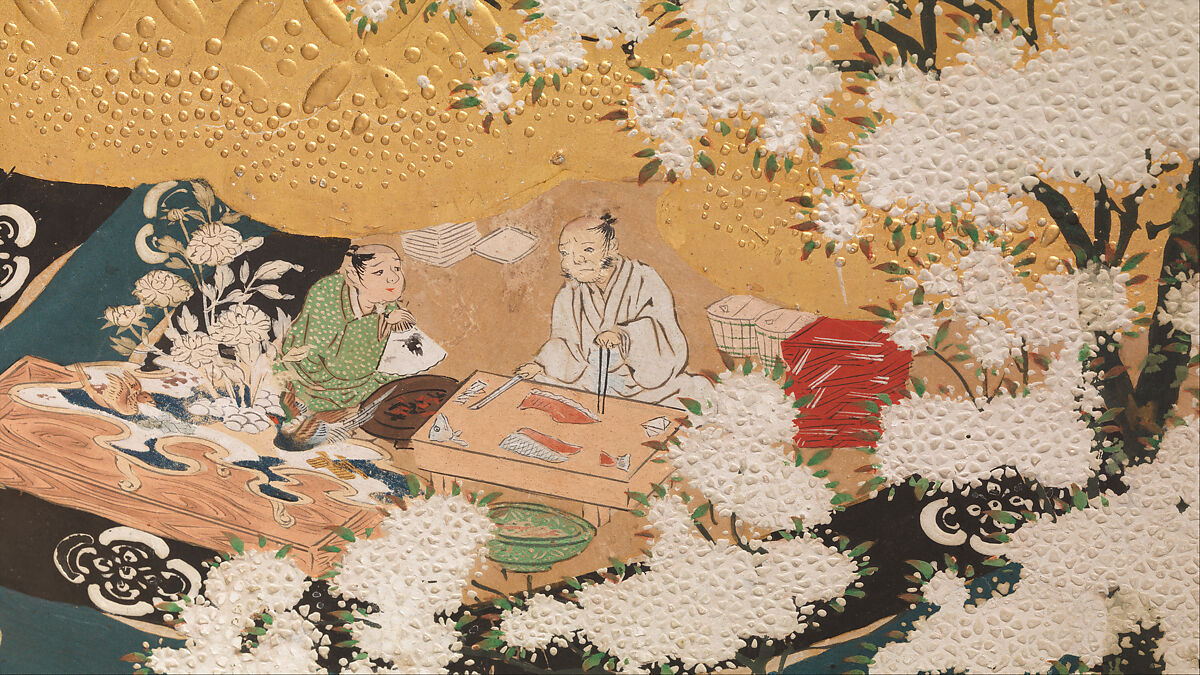 Amusements at Higashiyama in Kyoto, Studio of Kano Sadanobu (Japanese, 1597–1623), Pair of six-panel folding screens; ink, color, gold, mica, and gold leaf on paper, Japan