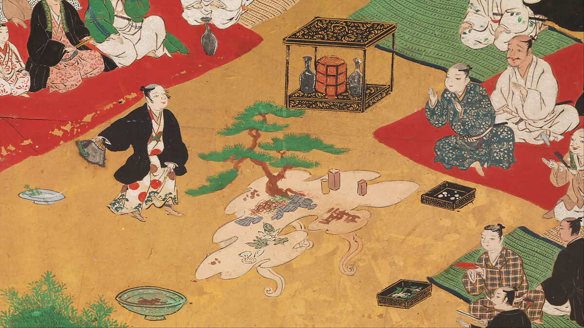 Amusements at Higashiyama in Kyoto, Studio of Kano Sadanobu (Japanese, 1597–1623), Pair of six-panel folding screens; ink, color, gold, mica, and gold leaf on paper, Japan
