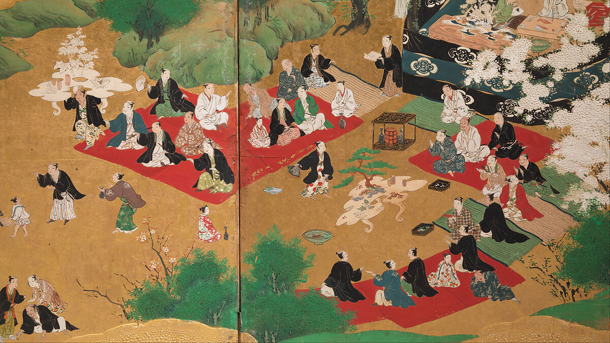 Amusements at Higashiyama in Kyoto, Studio of Kano Sadanobu (Japanese, 1597–1623), Pair of six-panel folding screens; ink, color, gold, mica, and gold leaf on paper, Japan