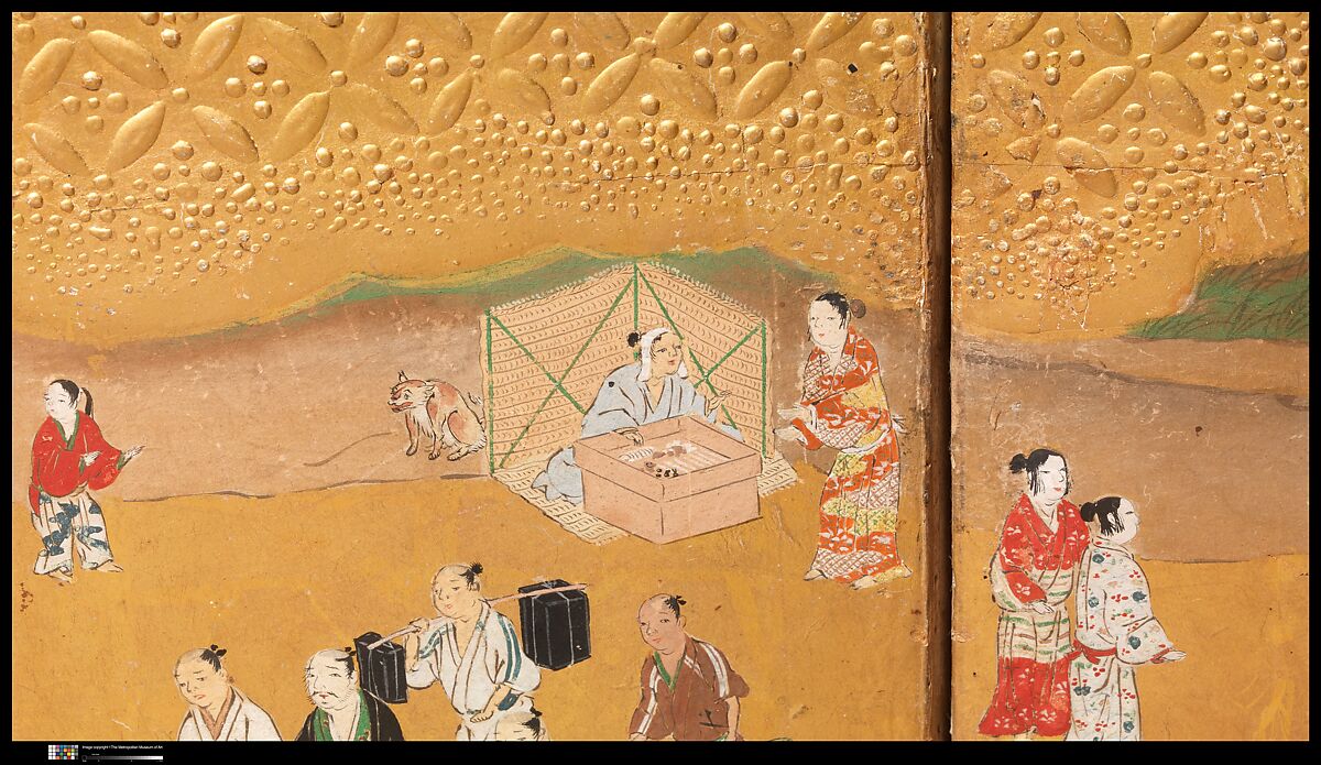 Amusements at Higashiyama in Kyoto, Studio of Kano Sadanobu (Japanese, 1597–1623), Pair of six-panel folding screens; ink, color, gold, mica, and gold leaf on paper, Japan
