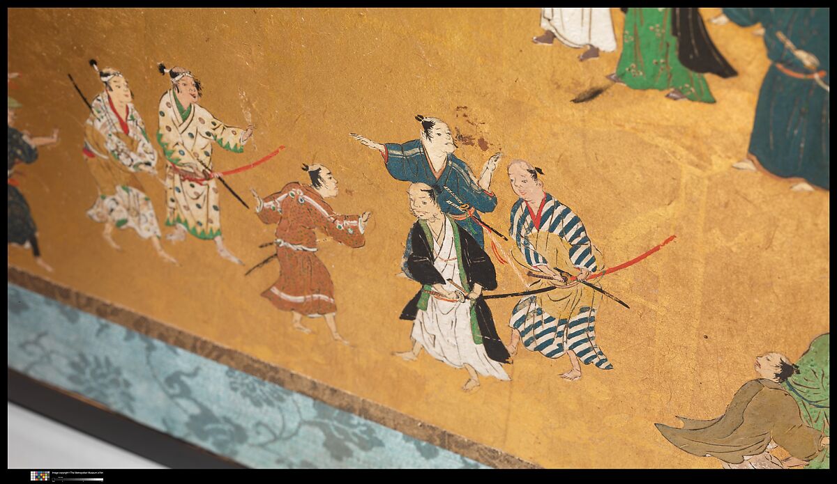 Amusements at Higashiyama in Kyoto, Studio of Kano Sadanobu (Japanese, 1597–1623), Pair of six-panel folding screens; ink, color, gold, mica, and gold leaf on paper, Japan