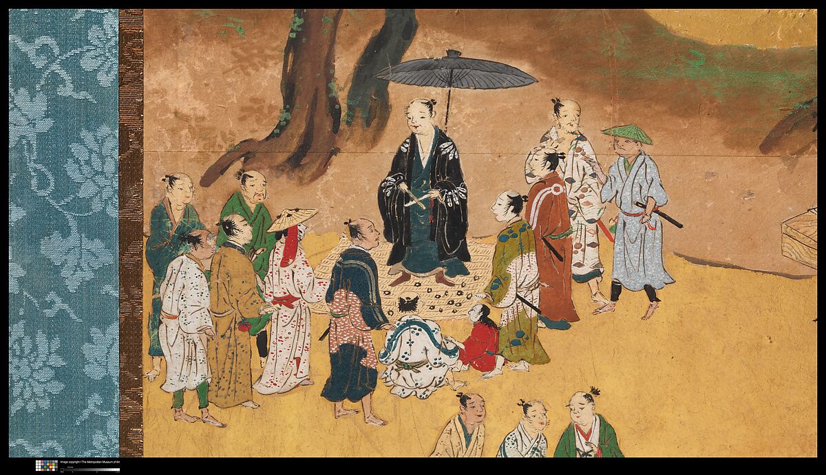 Amusements at Higashiyama in Kyoto, Studio of Kano Sadanobu (Japanese, 1597–1623), Pair of six-panel folding screens; ink, color, gold, mica, and gold leaf on paper, Japan