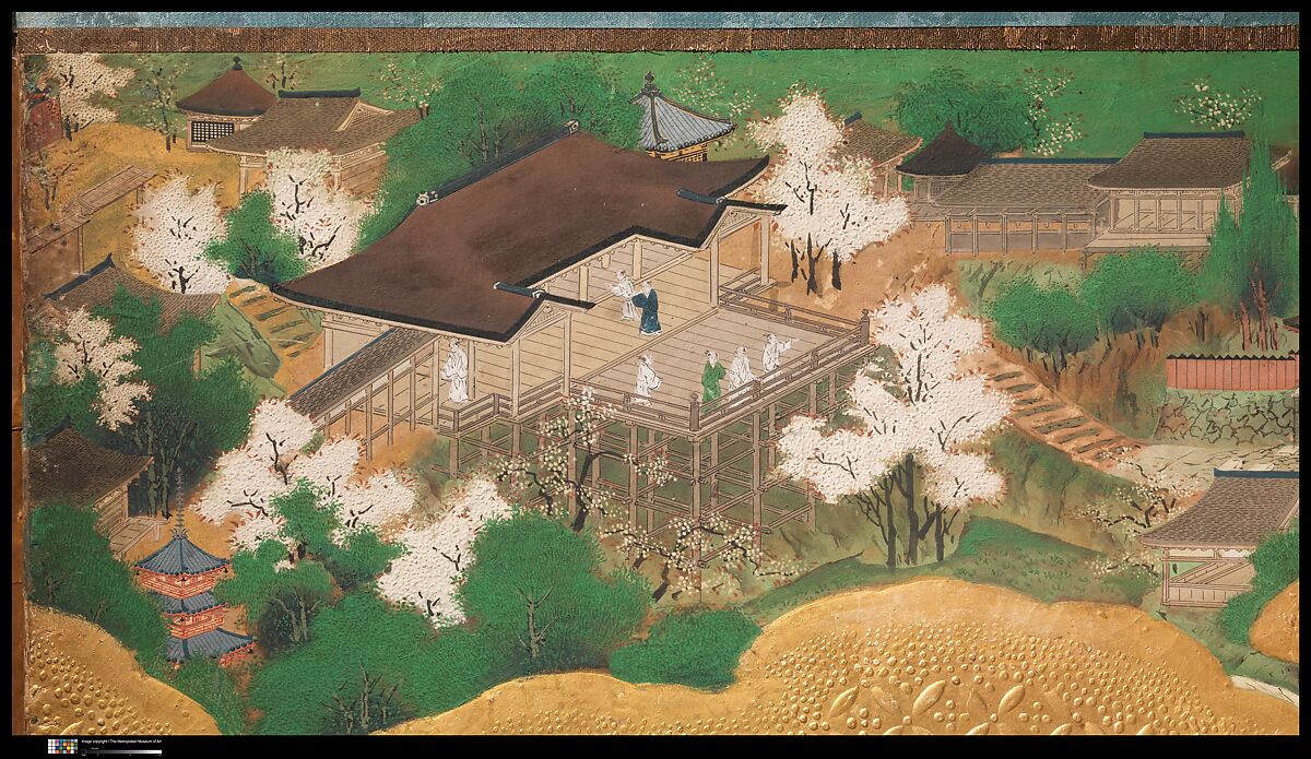 Amusements at Higashiyama in Kyoto, Studio of Kano Sadanobu (Japanese, 1597–1623), Pair of six-panel folding screens; ink, color, gold, mica, and gold leaf on paper, Japan