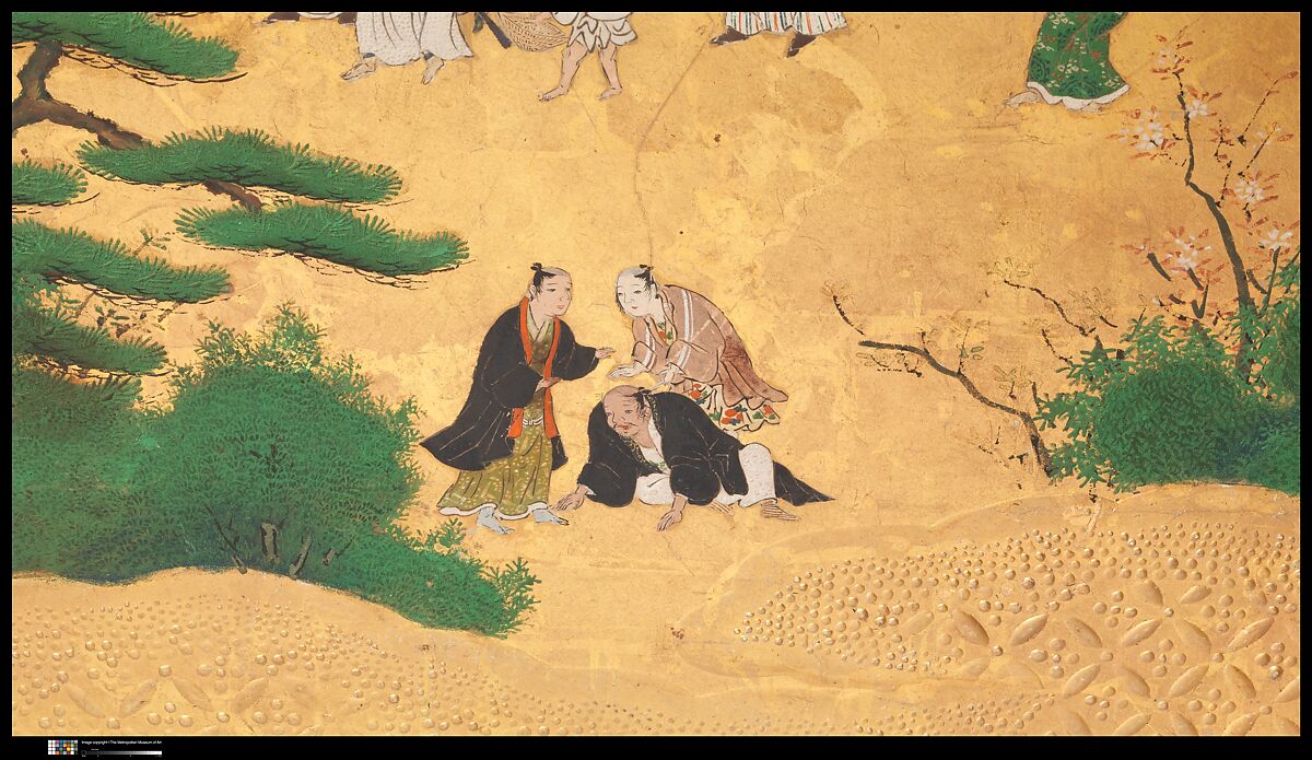 Amusements at Higashiyama in Kyoto, Studio of Kano Sadanobu (Japanese, 1597–1623), Pair of six-panel folding screens; ink, color, gold, mica, and gold leaf on paper, Japan