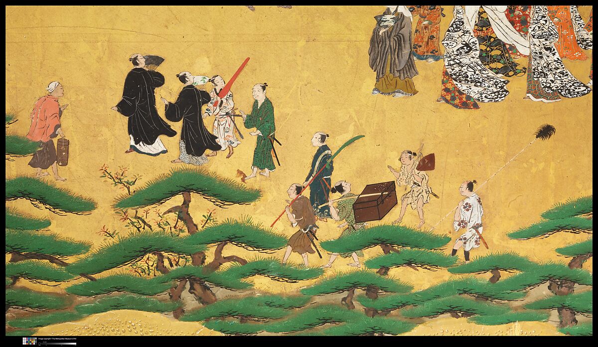 Amusements at Higashiyama in Kyoto, Studio of Kano Sadanobu (Japanese, 1597–1623), Pair of six-panel folding screens; ink, color, gold, mica, and gold leaf on paper, Japan