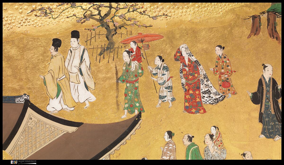 Amusements at Higashiyama in Kyoto, Studio of Kano Sadanobu (Japanese, 1597–1623), Pair of six-panel folding screens; ink, color, gold, mica, and gold leaf on paper, Japan