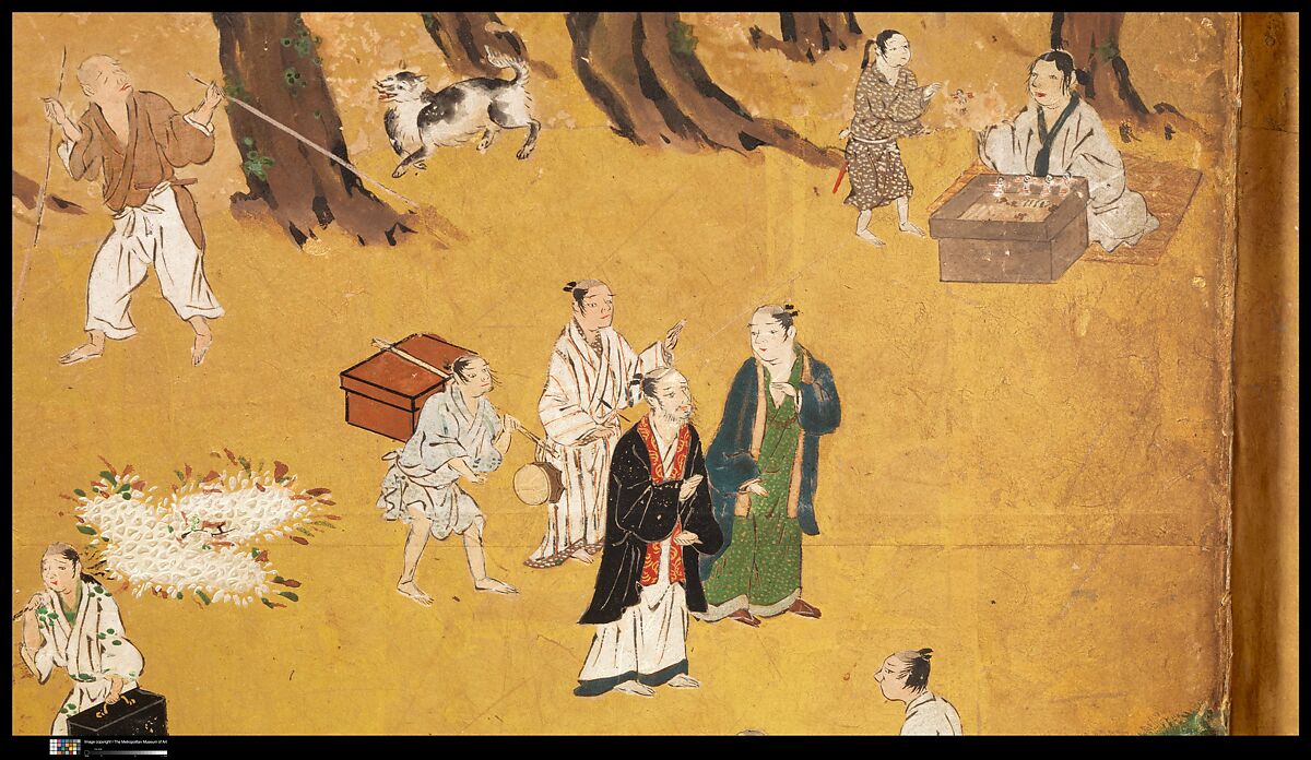 Amusements at Higashiyama in Kyoto, Studio of Kano Sadanobu (Japanese, 1597–1623), Pair of six-panel folding screens; ink, color, gold, mica, and gold leaf on paper, Japan