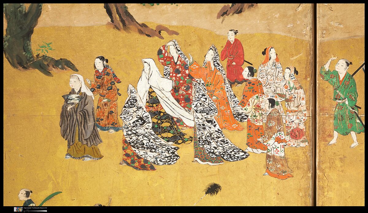 Amusements at Higashiyama in Kyoto, Studio of Kano Sadanobu (Japanese, 1597–1623), Pair of six-panel folding screens; ink, color, gold, mica, and gold leaf on paper, Japan