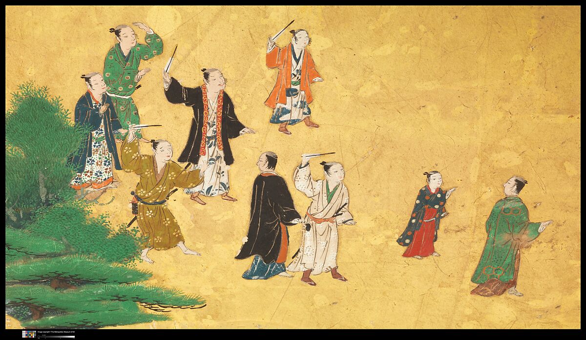 Amusements at Higashiyama in Kyoto, Studio of Kano Sadanobu (Japanese, 1597–1623), Pair of six-panel folding screens; ink, color, gold, mica, and gold leaf on paper, Japan