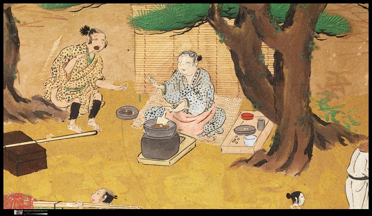 Amusements at Higashiyama in Kyoto, Studio of Kano Sadanobu (Japanese, 1597–1623), Pair of six-panel folding screens; ink, color, gold, mica, and gold leaf on paper, Japan