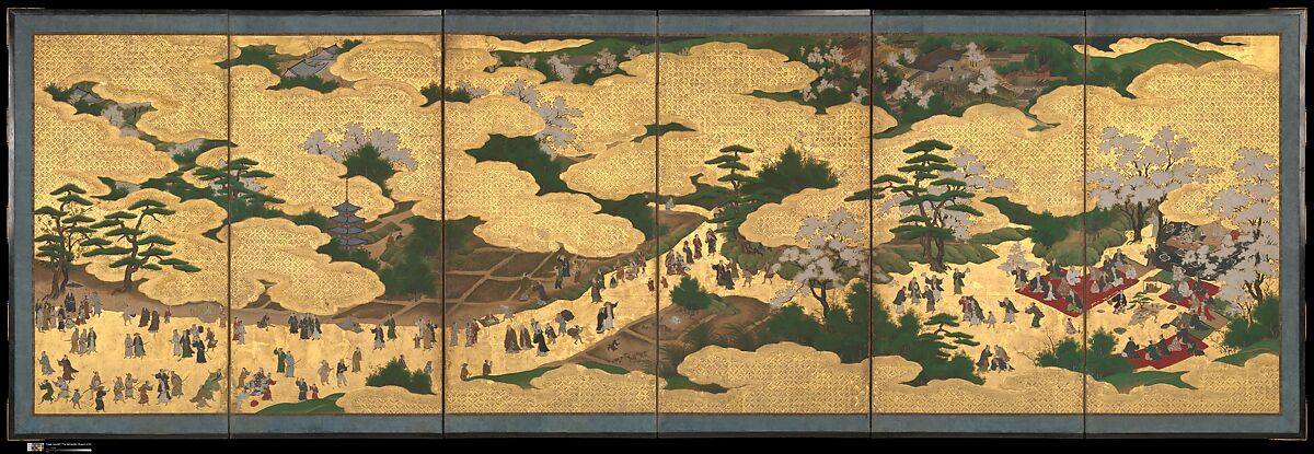 Amusements at Higashiyama in Kyoto, Kano School, Pair of six-panel folding screens; ink, color, gold, mica, and gold leaf on paper, Japan 