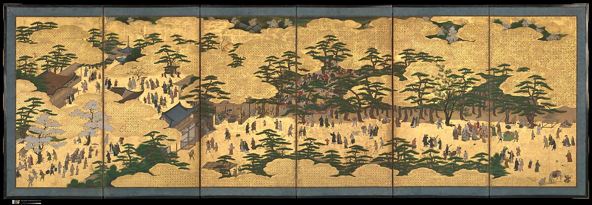 Amusements at Higashiyama in Kyoto, Studio of Kano Sadanobu (Japanese, 1597–1623), Pair of six-panel folding screens; ink, color, gold, mica, and gold leaf on paper, Japan