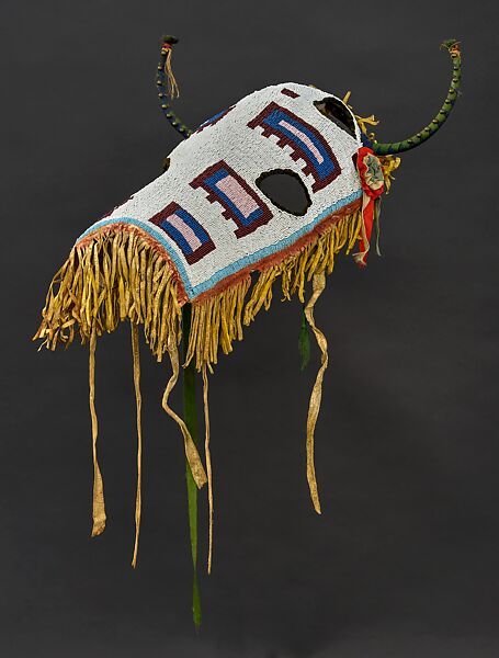 Horse Mask, Native-tanned leather, glass beads, pigment, wood, brass tacks, cotton cloth, silk ribbon, Assiniboine 