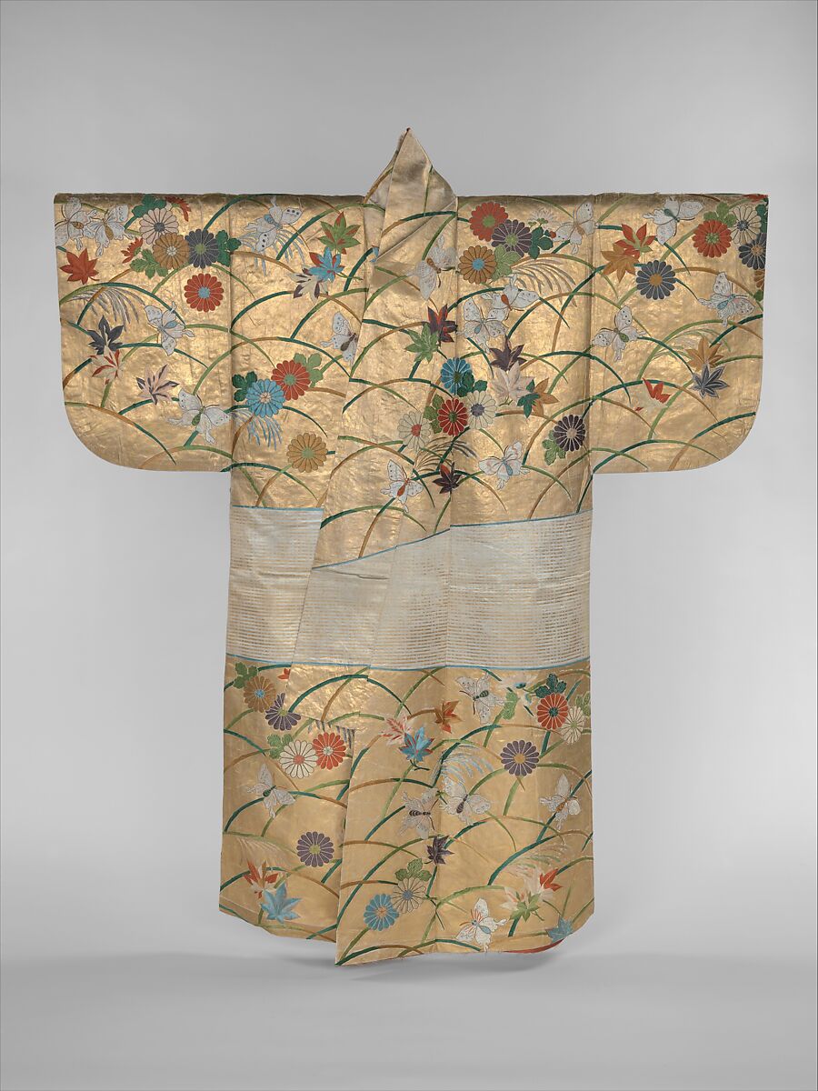 Noh Robe (Nuihaku) with Butterflies, Chrysanthemums, Maple Leaves, and Miscanthus Grass, Silk satin with silk embroidery and gold leaf, Japan