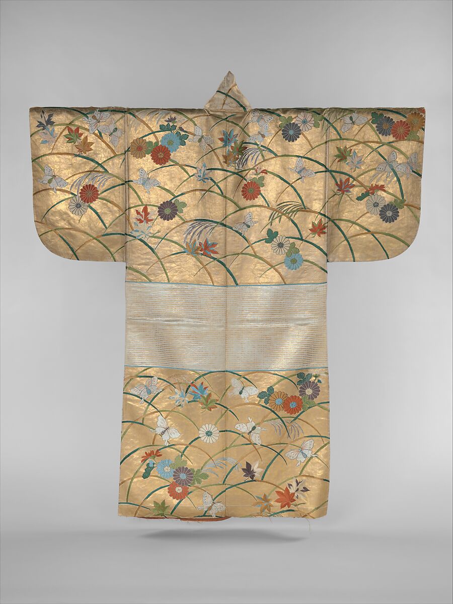 Noh Robe (Nuihaku) with Butterflies, Chrysanthemums, Maple Leaves, and Miscanthus Grass, Silk satin with silk embroidery and gold leaf, Japan 