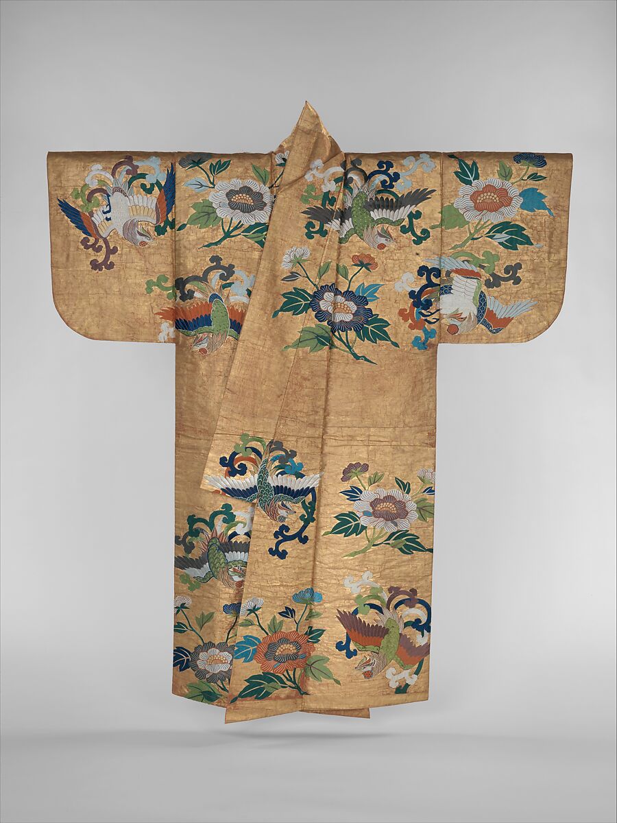 Noh Costume (Nuihaku) with Phoenixes and Peonies, Plain-waive silk with gold leaf and silk-thread embroidery, Japan