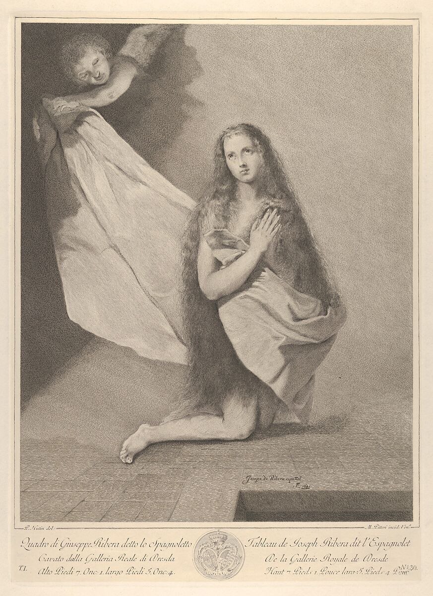 The Magdalene kneeling, from 'Recueil d'estampes d'après les plus célèbres tableaux de la Galerie Royale de Dresde', Marco Alvise Pitteri (Italian, Venice 1702–1786 Venice), Etching and engraving on chine collé 