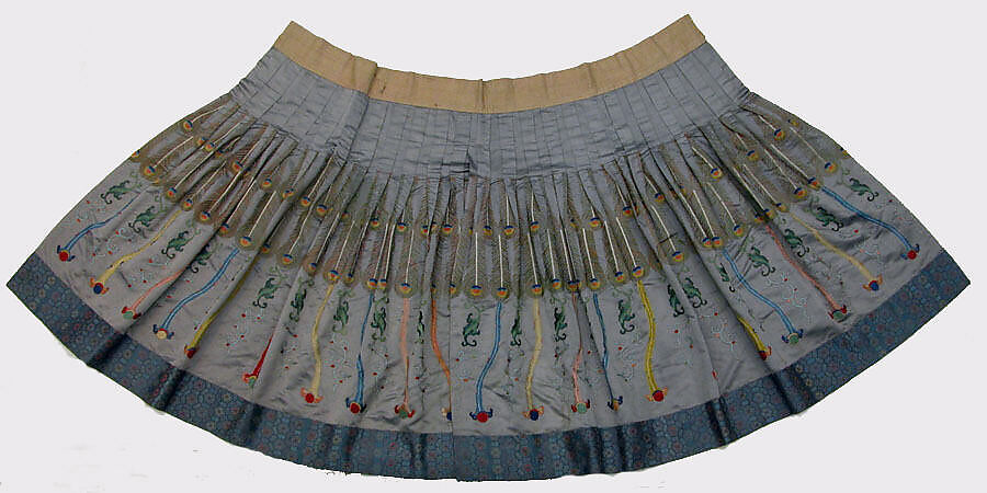 Theatrical skirt with peacock feather design, Silk and metallic thread embroidery on silk satin, brocade borders, China 