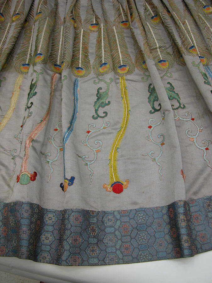 Theatrical skirt with peacock feather design, Silk and metallic thread embroidery on silk satin, brocade borders, China