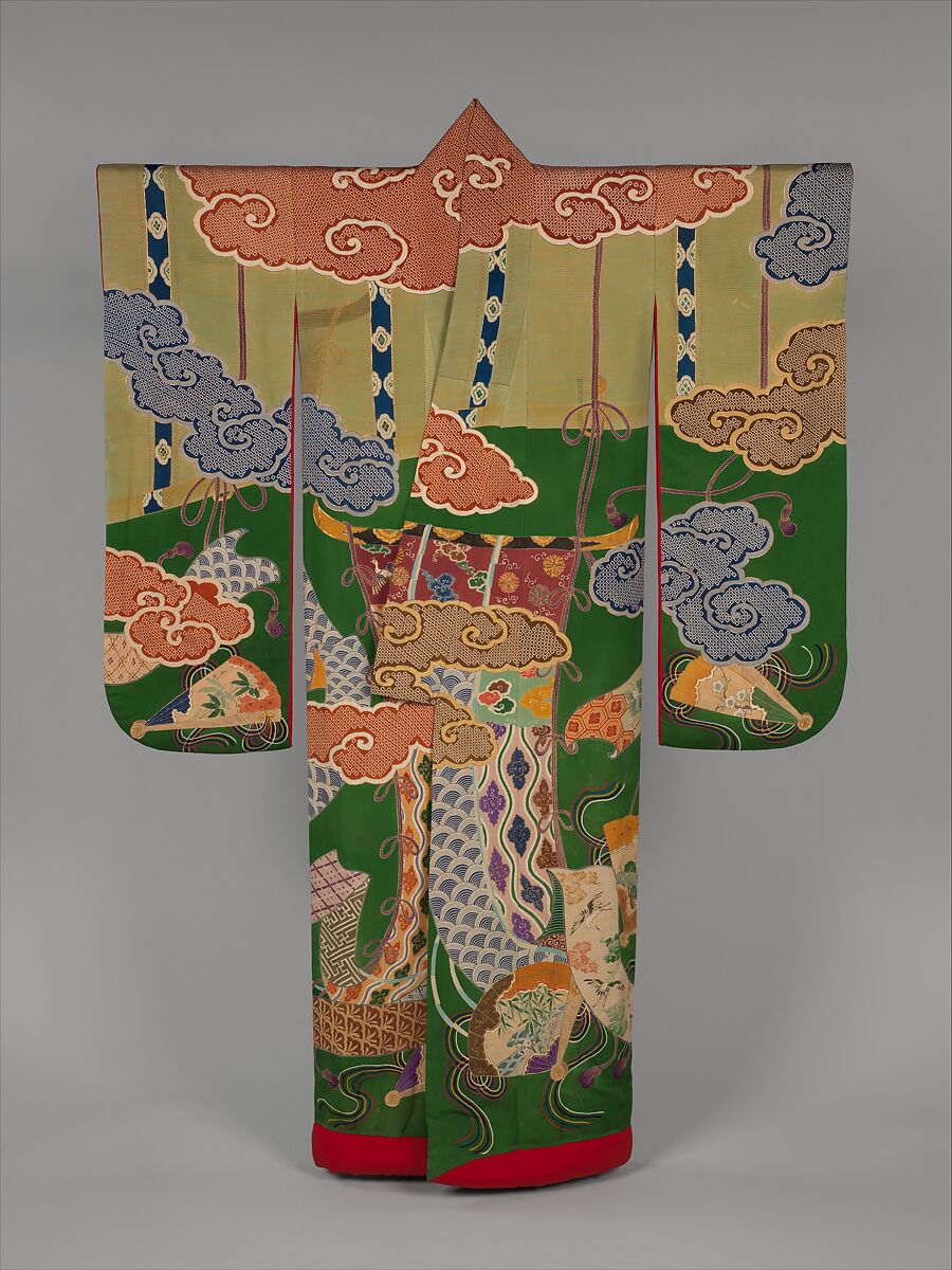 Over Robe (Uchikake) with Design of Bamboo Blinds, Curtain Screens, Decorative Fans, and Auspicous Motifs, Resist-dyed, painted, and embroidered plain-weave silk, Japan