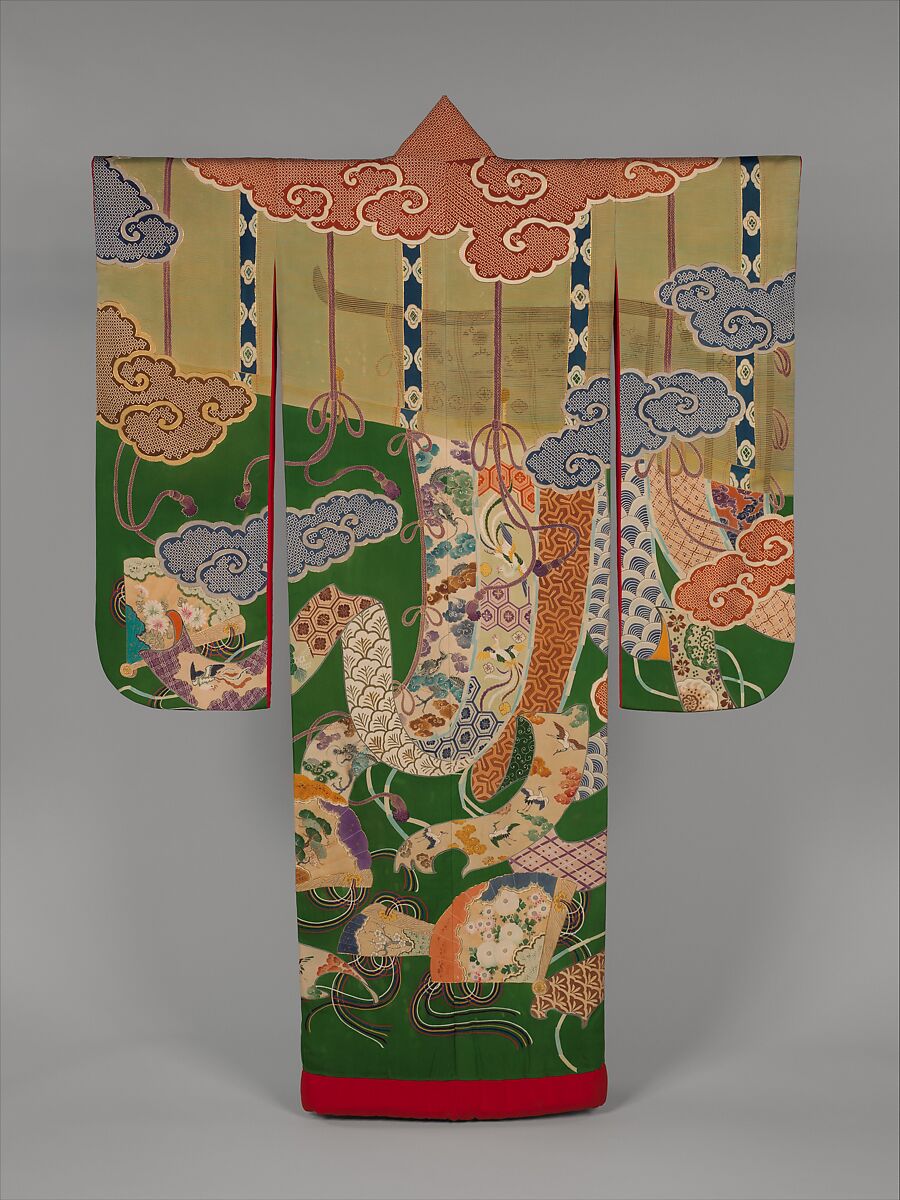 Over Robe (Uchikake) with Design of Bamboo Blinds, Curtain Screens, Decorative Fans, and Auspicous Motifs, Resist-dyed, painted, and embroidered plain-weave silk, Japan 