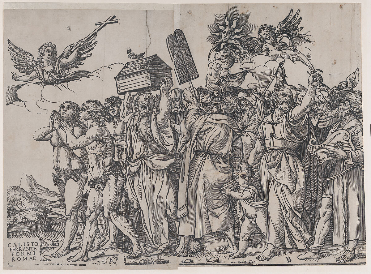 Section A: an angel holding a cross at upper left, Adam and Eve below, from "The Triumph of Christ", Andrea Andreani (Italian, Mantua 1558/1559–1629), Lithograph copy of a woodcut 