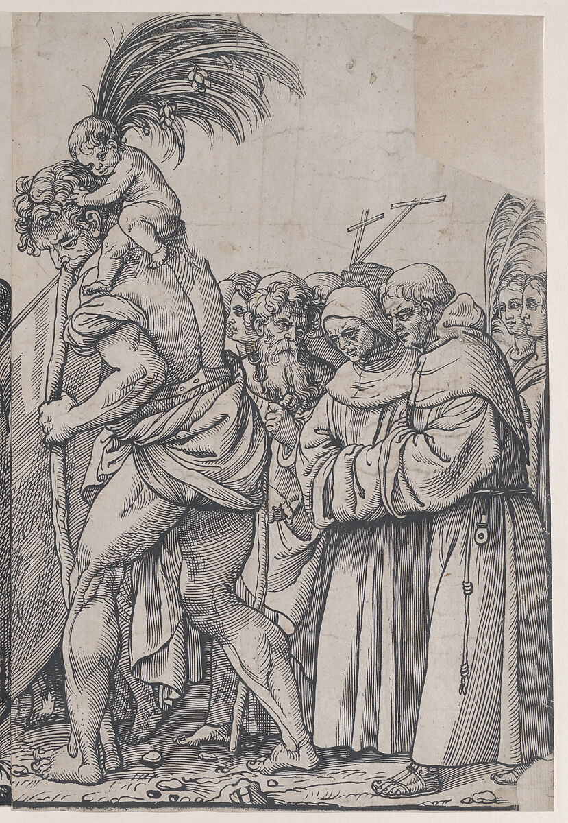 Section H: Saint Christopher carrying the Christ Child, from "The Triumph of Christ", Andrea Andreani (Italian, Mantua 1558/1559–1629), Lithographic copy of a woodcut