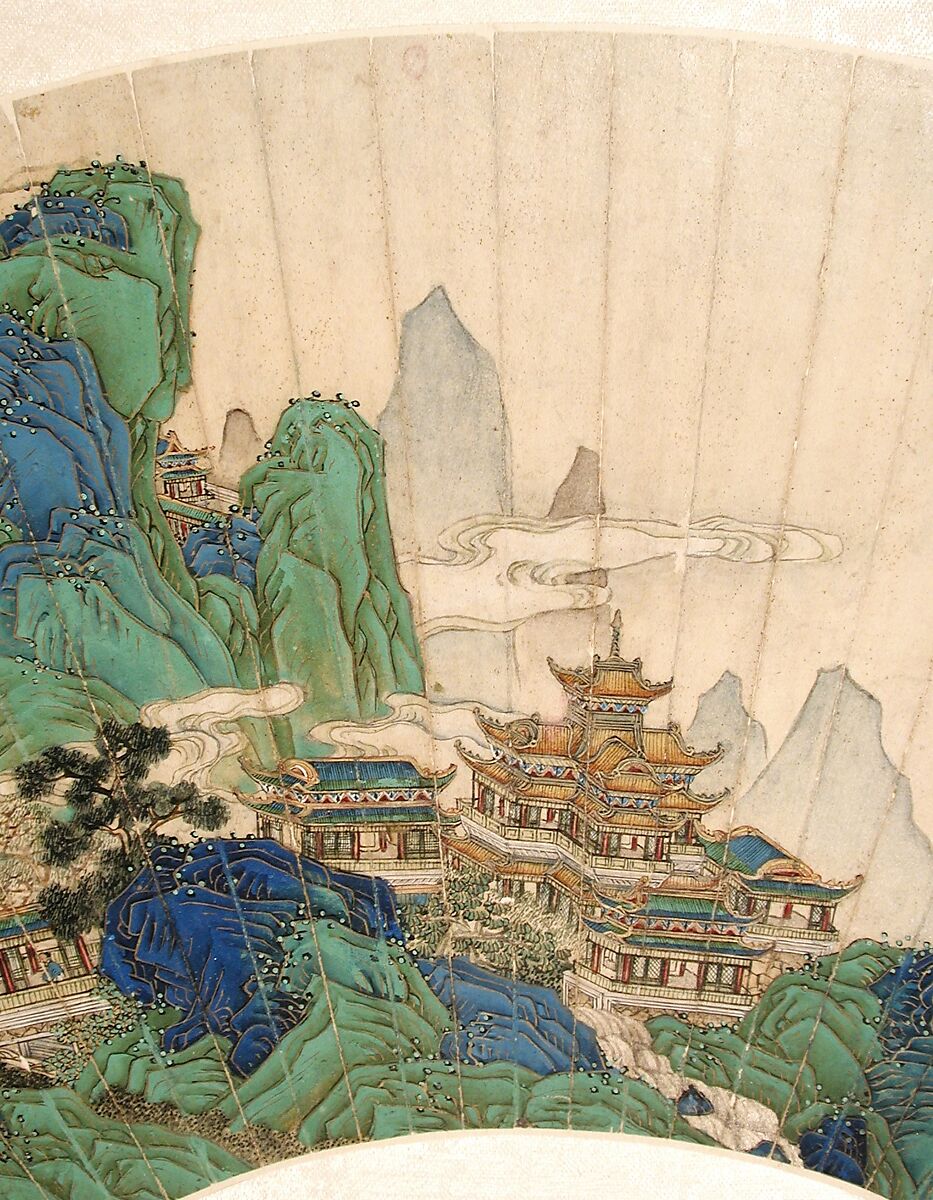 Palaces of the Immortals, Xu Yang (Chinese, active ca. 1750–after 1776), Folding fan mounted as an album leaf; ink, color, and gold on paper, China