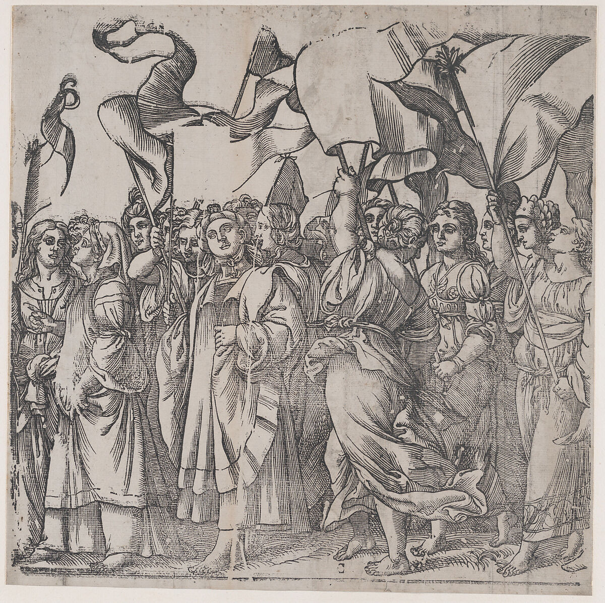 Section C: female martyrs and saints holding banners, from "The Triumph of Christ", Andrea Andreani (Italian, Mantua 1558/1559–1629), Lithograph copy of a woodcut 