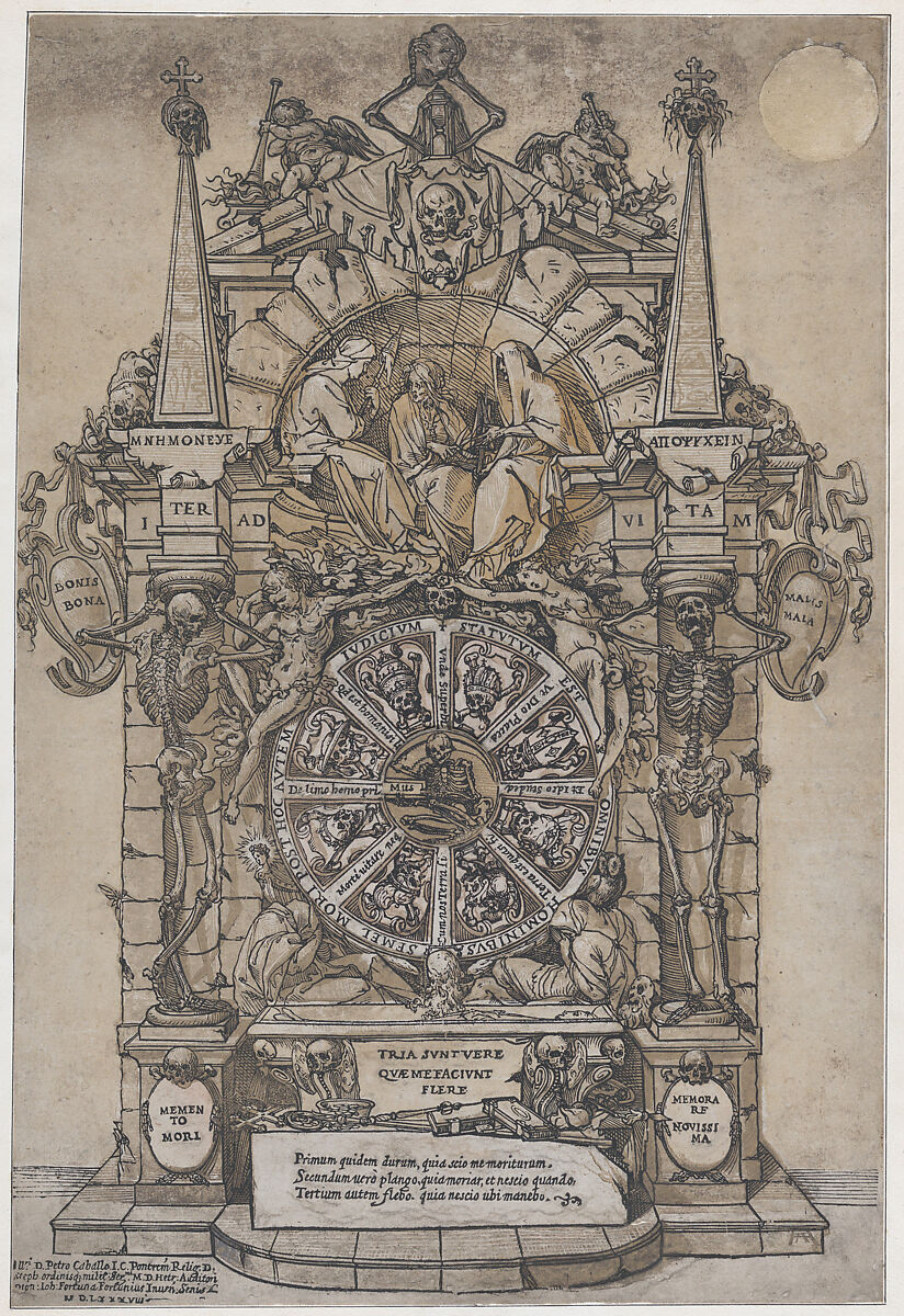 Triumph of Death with three fates in an architectural frame above a wheel of fortune flanked by skeletons; a skull and an hour glass at top and with wheel intended to spin at center, Andrea Andreani (Italian, Mantua 1558/1559–1629), Chiaroscuro woodcut from three blocks in brown 