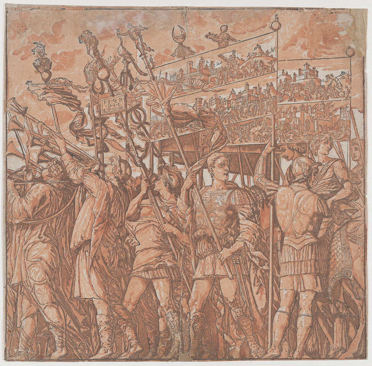 Sheet 1: Roman soldiers carrying banners depicting the triumphant victories of Julius Caesar, from "The Triumph of Julius Caesar", Andrea Andreani (Italian, Mantua 1558/1559–1629), Chiaroscuro woodcut from four blocks printed in pink 