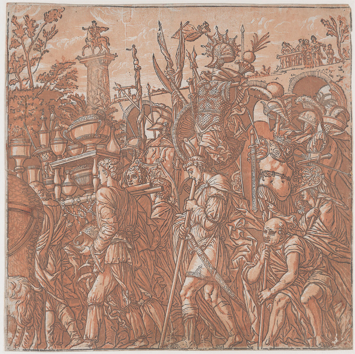 Sheet 6: Men carrying trophies, from "The Triumph of Julius Caesar", Andrea Andreani (Italian, Mantua 1558/1559–1629), Chiaroscuro woodcut from four blocks printed in pink 