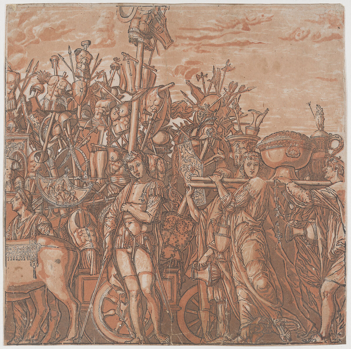 Sheet 3: The trophies of war, from "The Triumph of Julius Caesar", Andrea Andreani (Italian, Mantua 1558/1559–1629), Chiaroscuro woodcut from four blocks printed in pink 