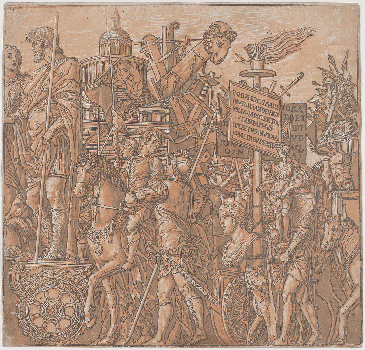 Sheet 2: A figure on a triumphal chariot surrounded by figures on horseback, from "The Triumph of Julius Caesar", Andrea Andreani (Italian, Mantua 1558/1559–1629), Chiaroscuro woodcut from four blocks printed in pink 