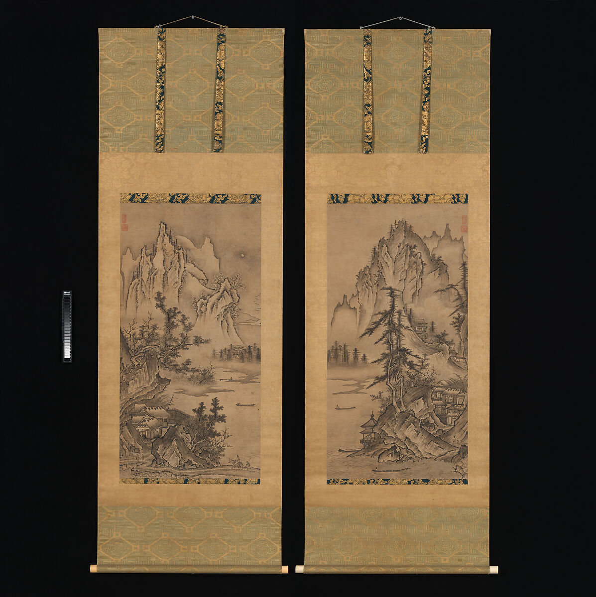 Landscapes of the Four Seasons, Keison (Japanese, active mid-16th century), Pair of hanging scrolls; ink on paper, Japan 