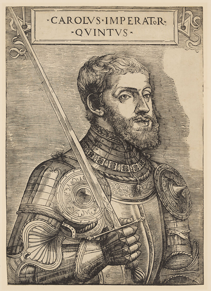 Charles V, bust length, holding a sword, facing right, Giovanni Britto (German, 1531–1550), Woodcut 