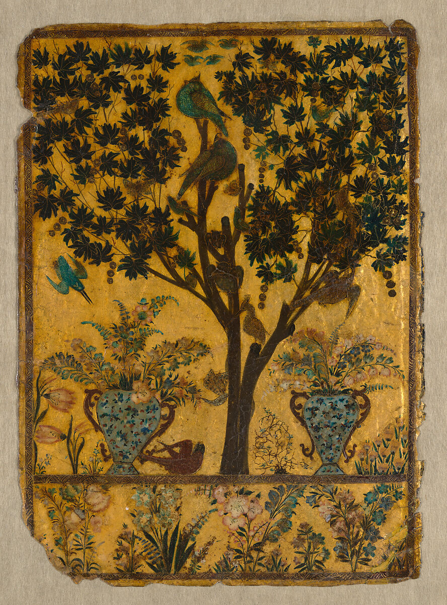 Book Cover with Tree, Birds, and Insects, Lacquer and gouache with gold on leather 