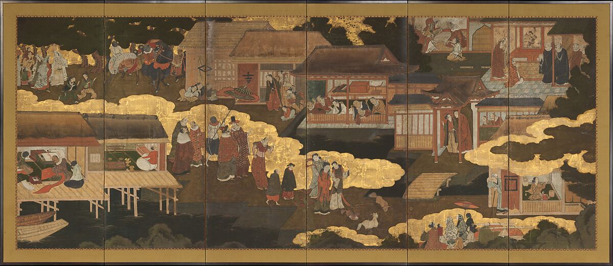 Arrival of the Europeans, Pair of six-panel folding screens; ink, color, gold, and gold leaf on paper, Japan 