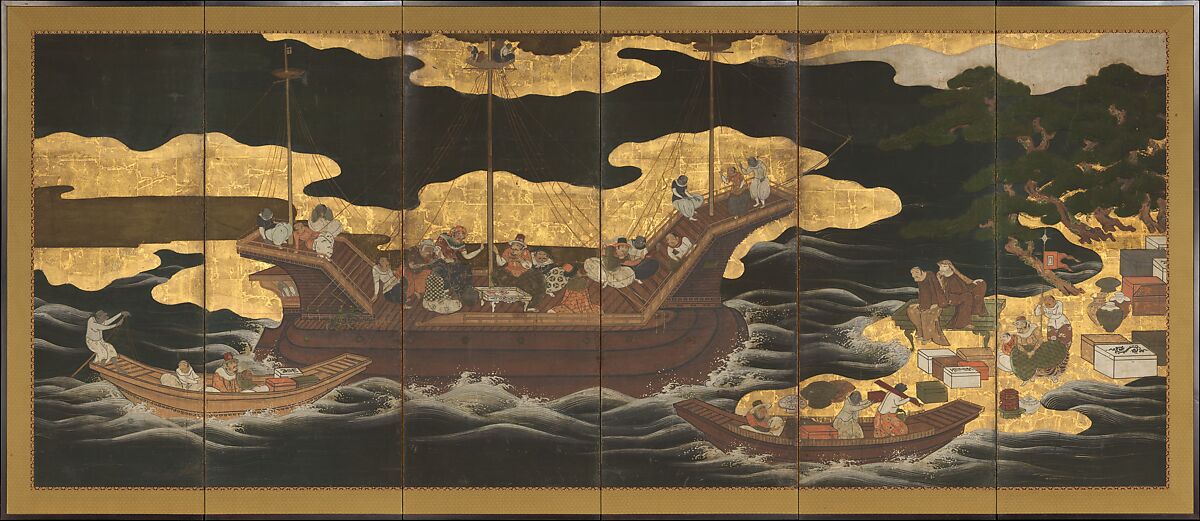 Arrival of the Europeans, Pair of six-panel folding screens; ink, color, gold, and gold leaf on paper, Japan