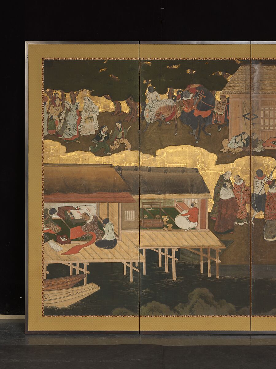 Arrival of the Europeans, Pair of six-panel folding screens; ink, color, gold, and gold leaf on paper, Japan