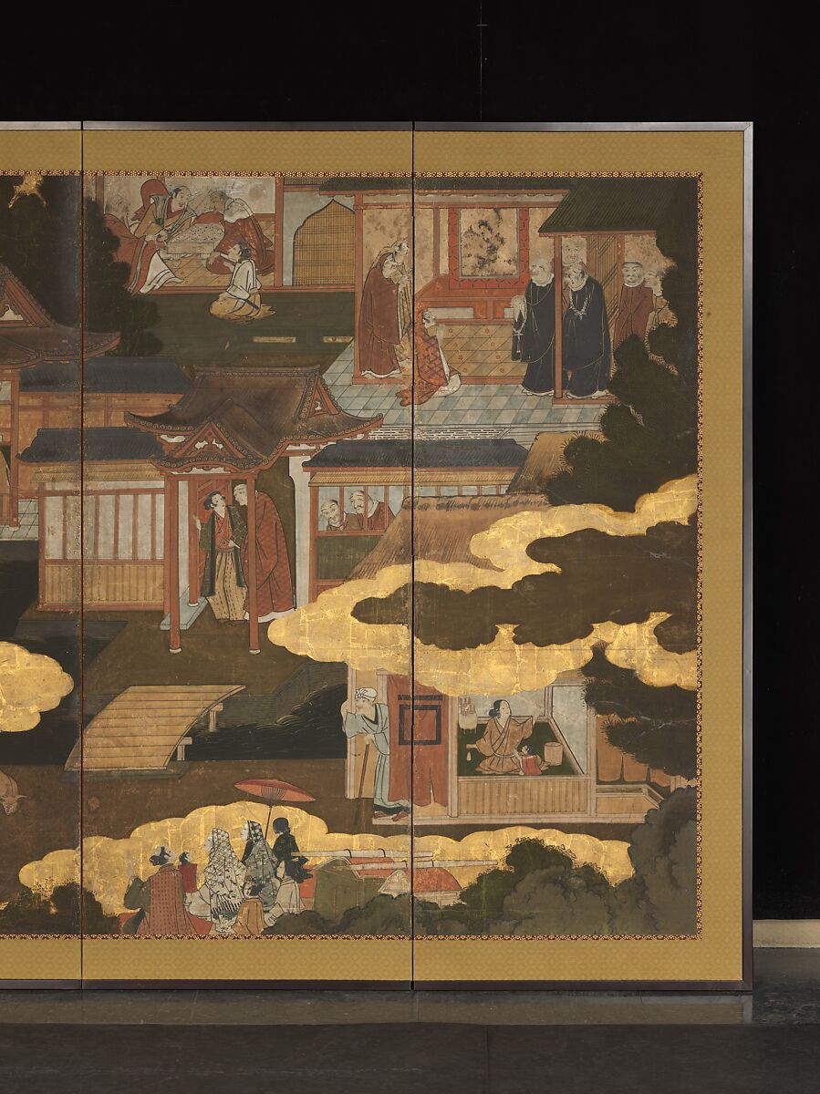 Arrival of the Europeans, Pair of six-panel folding screens; ink, color, gold, and gold leaf on paper, Japan